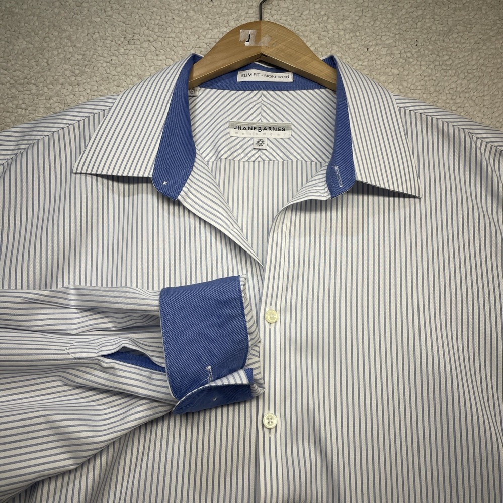 Jhane Barnes Dress Shirt Mens 18.5 34/35 Blue White Striped Slim Fit Non Iron